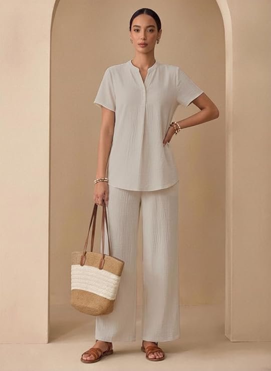 TOPLOT Women's Co-ord Set | Stylish Matching Top & Bottom Set | Notch Neckline with Button Detail | Loose-Fit, Short-Sleeve Top with a Relaxed Silhouette |Ideal for Casual (5250) - Image 5