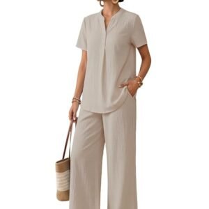 TOPLOT Women's Co-ord Set | Stylish Matching Top & Bottom Set | Notch Neckline with Button Detail | Loose-Fit, Short-Sleeve Top with a Relaxed Silhouette |Ideal for Casual (5250)