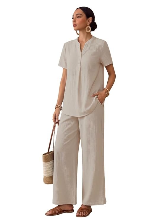 TOPLOT Women's Co-ord Set | Stylish Matching Top & Bottom Set | Notch Neckline with Button Detail | Loose-Fit, Short-Sleeve Top with a Relaxed Silhouette |Ideal for Casual (5250)