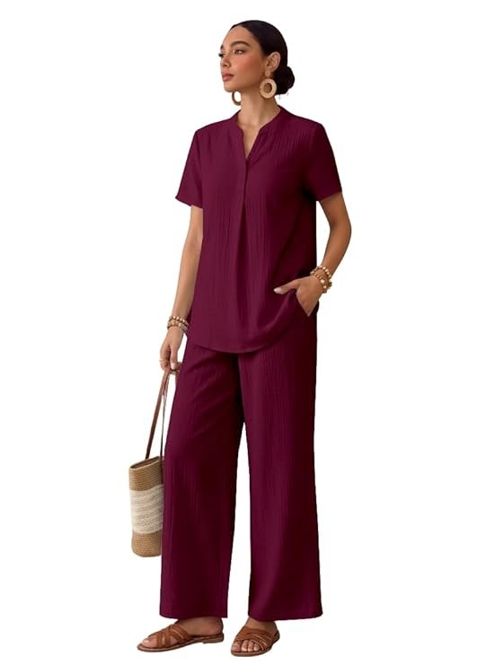 TOPLOT Women's Co-ord Set | Stylish Matching Top & Bottom Set | Notch Neckline with Button Detail | Loose-Fit, Short-Sleeve Top with a Relaxed Silhouette |Ideal for Casual (5250) - Image 3