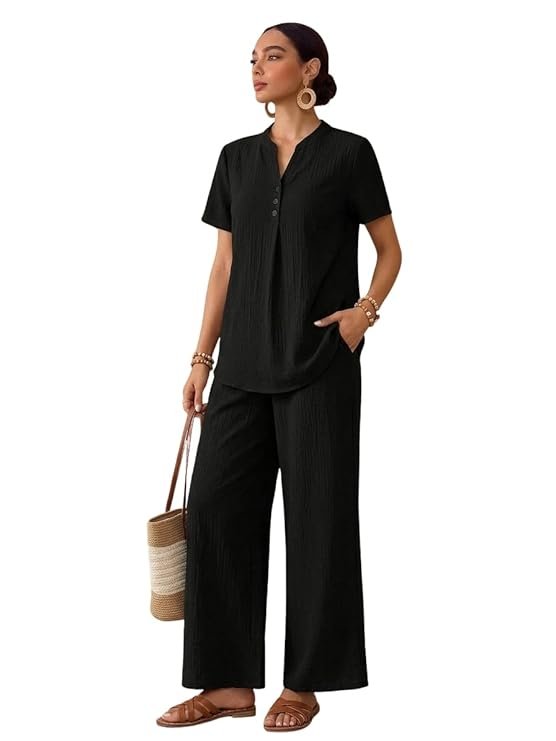 TOPLOT Women's Co-ord Set | Stylish Matching Top & Bottom Set | Notch Neckline with Button Detail | Loose-Fit, Short-Sleeve Top with a Relaxed Silhouette |Ideal for Casual (5250) - Image 2