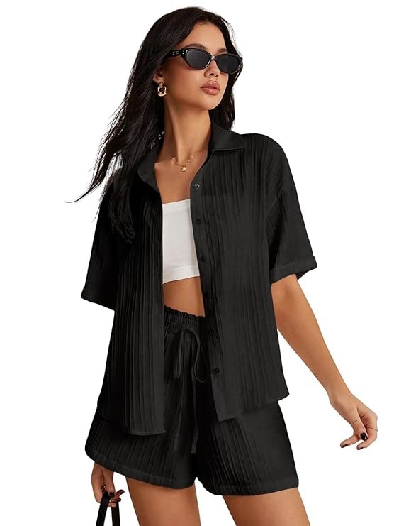 Leriya Fashion Co-ord Set for Women Stylish Solid Poly Lycra Cotton | Textured Pyjama Set For Woman Travel Beach & Holiday Look | Oversized Loose Fit Trendy Top & Shorts for Summer Day Vacation