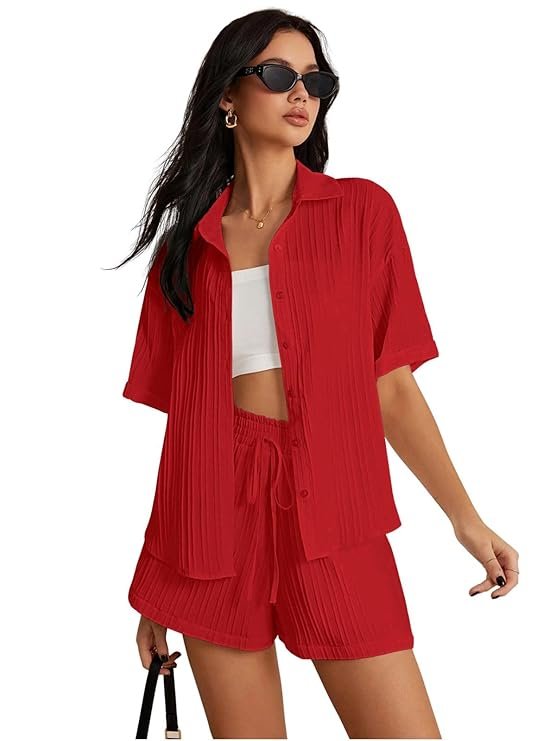 Leriya Fashion Co-ord Set for Women Stylish Solid Poly Lycra Cotton | Textured Pyjama Set For Woman Travel Beach & Holiday Look | Oversized Loose Fit Trendy Top & Shorts for Summer Day Vacation - Image 2
